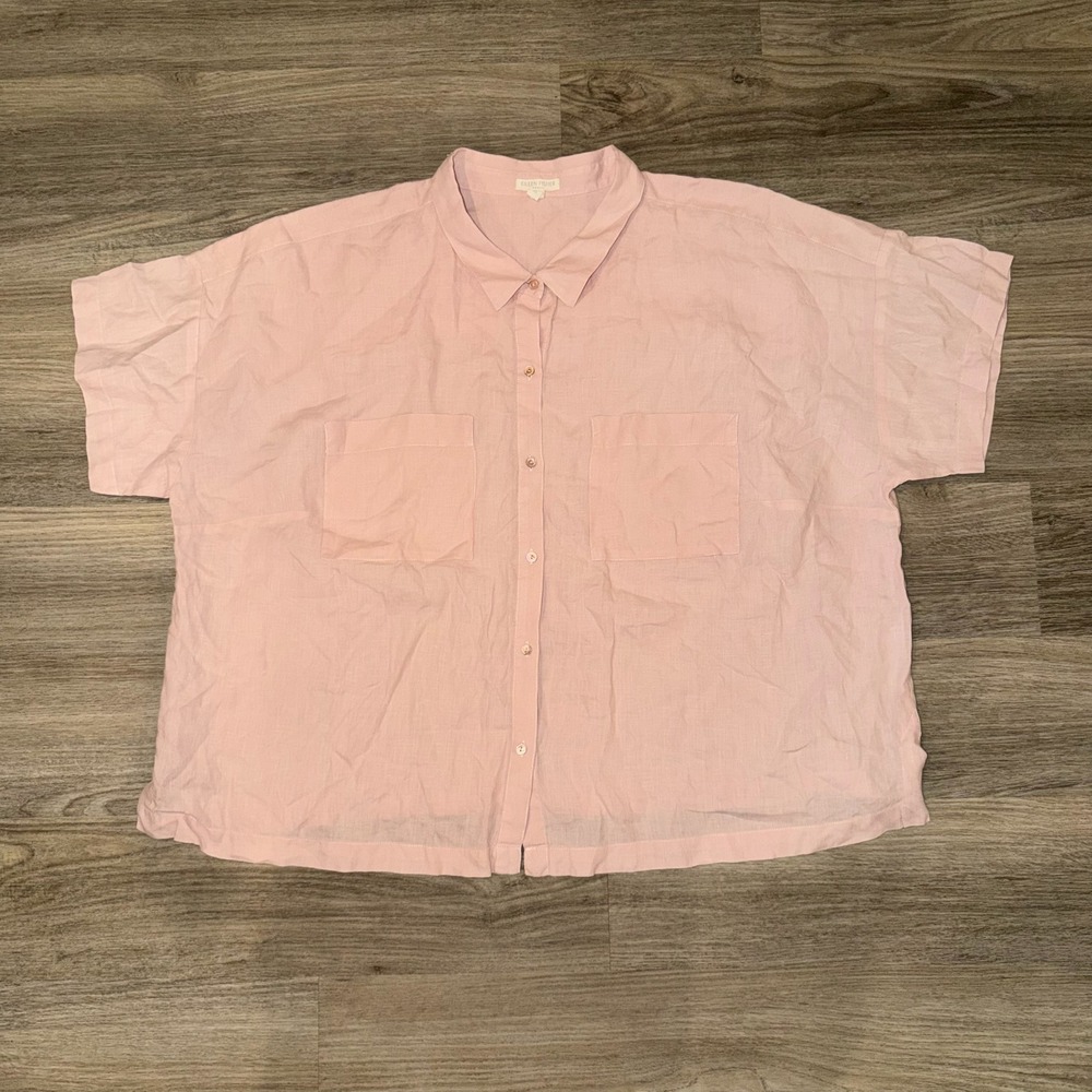 Eileen Fisher Pink Organic Linen Button Front Short‎ Sleeve Top 3X